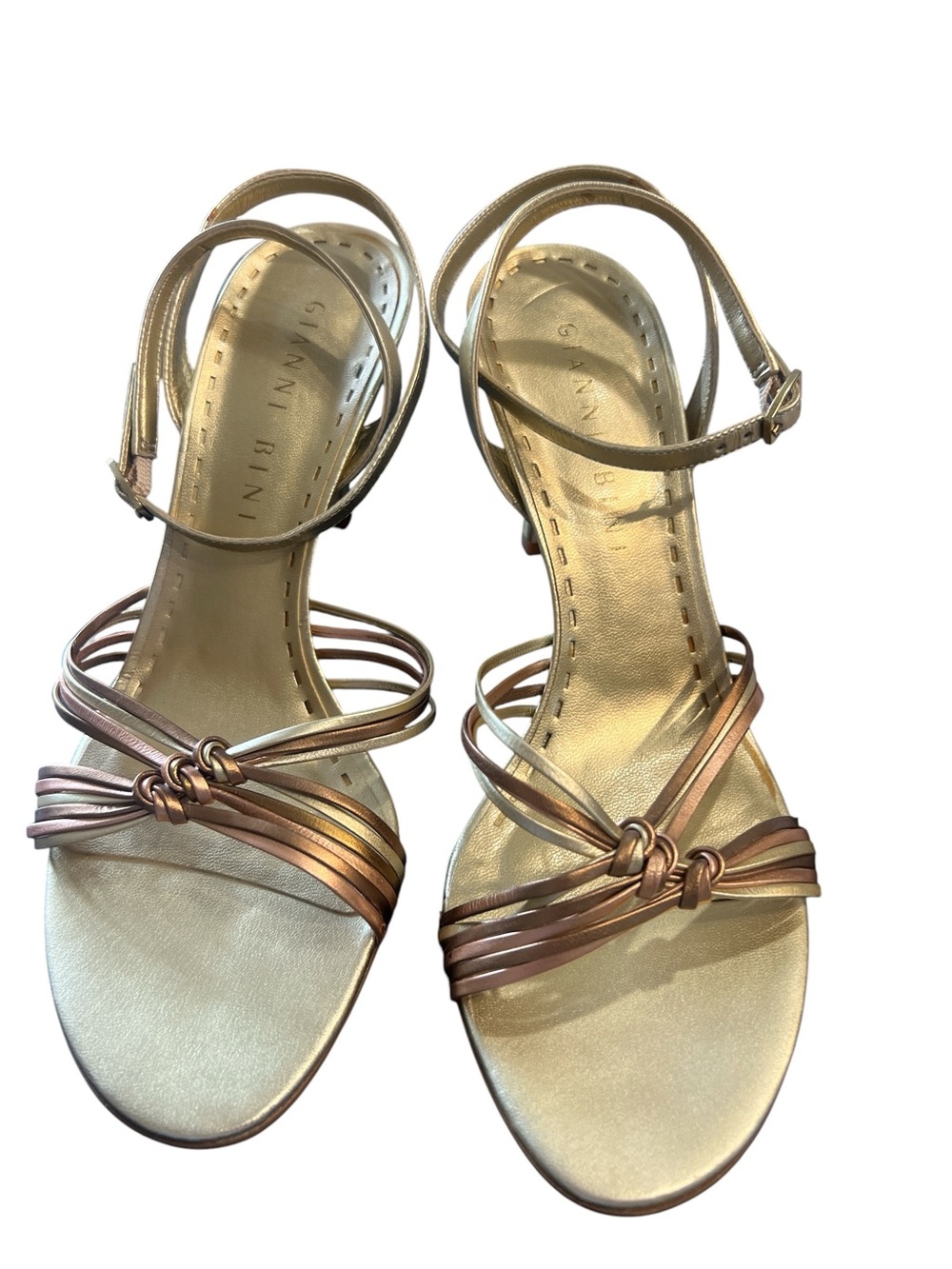 Gianni Bini Gold and Rose Gold Metallic Strappy Knot Sandals NEW